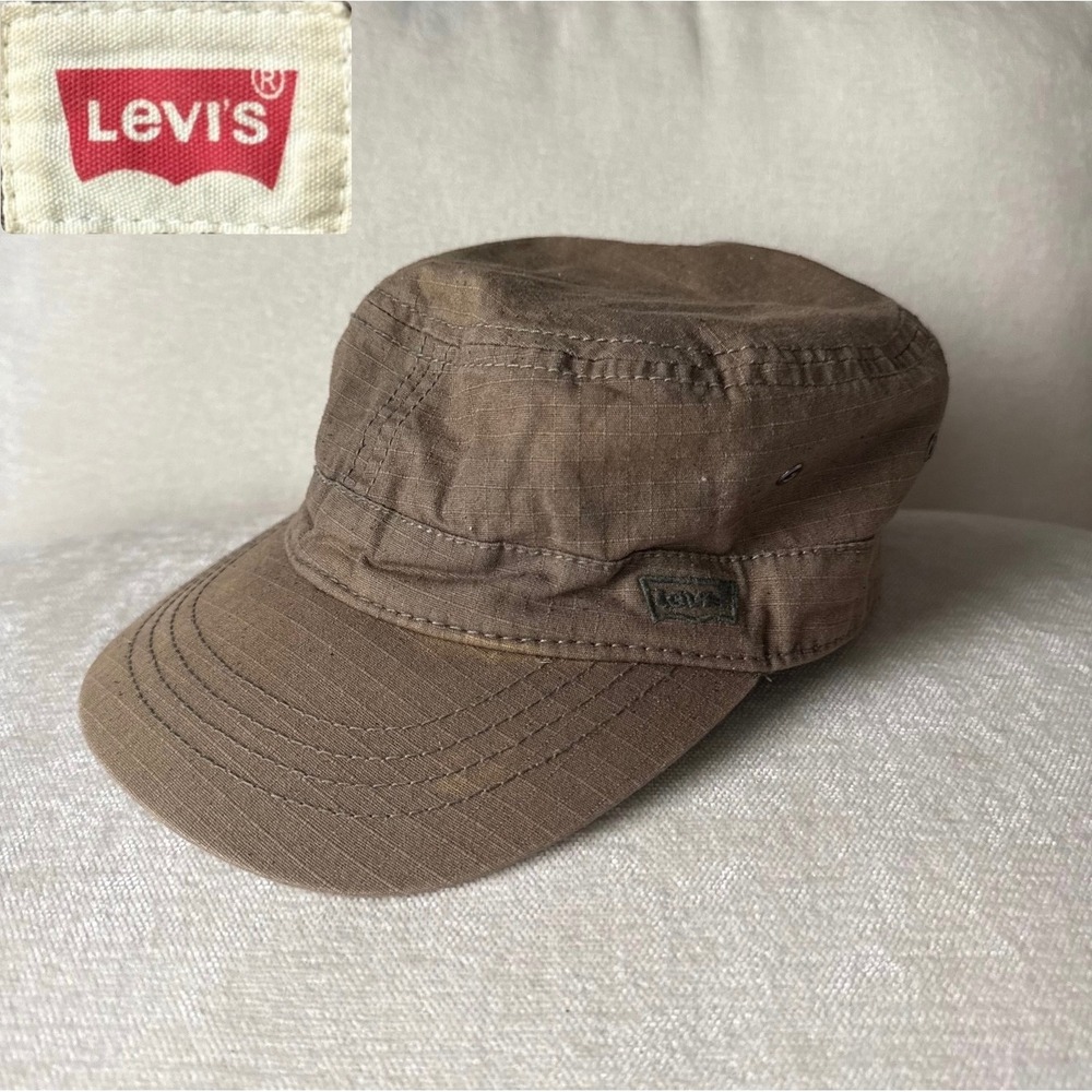 Y2K Levis Brown Ripstop Cotton Military Cadet Cap Flat Top Hat OS Elastic Back